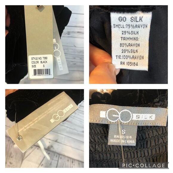 NWT Go Silk velvet floral sheer tasseled top, smocked, ruffled collar size small - Picture 12 of 12